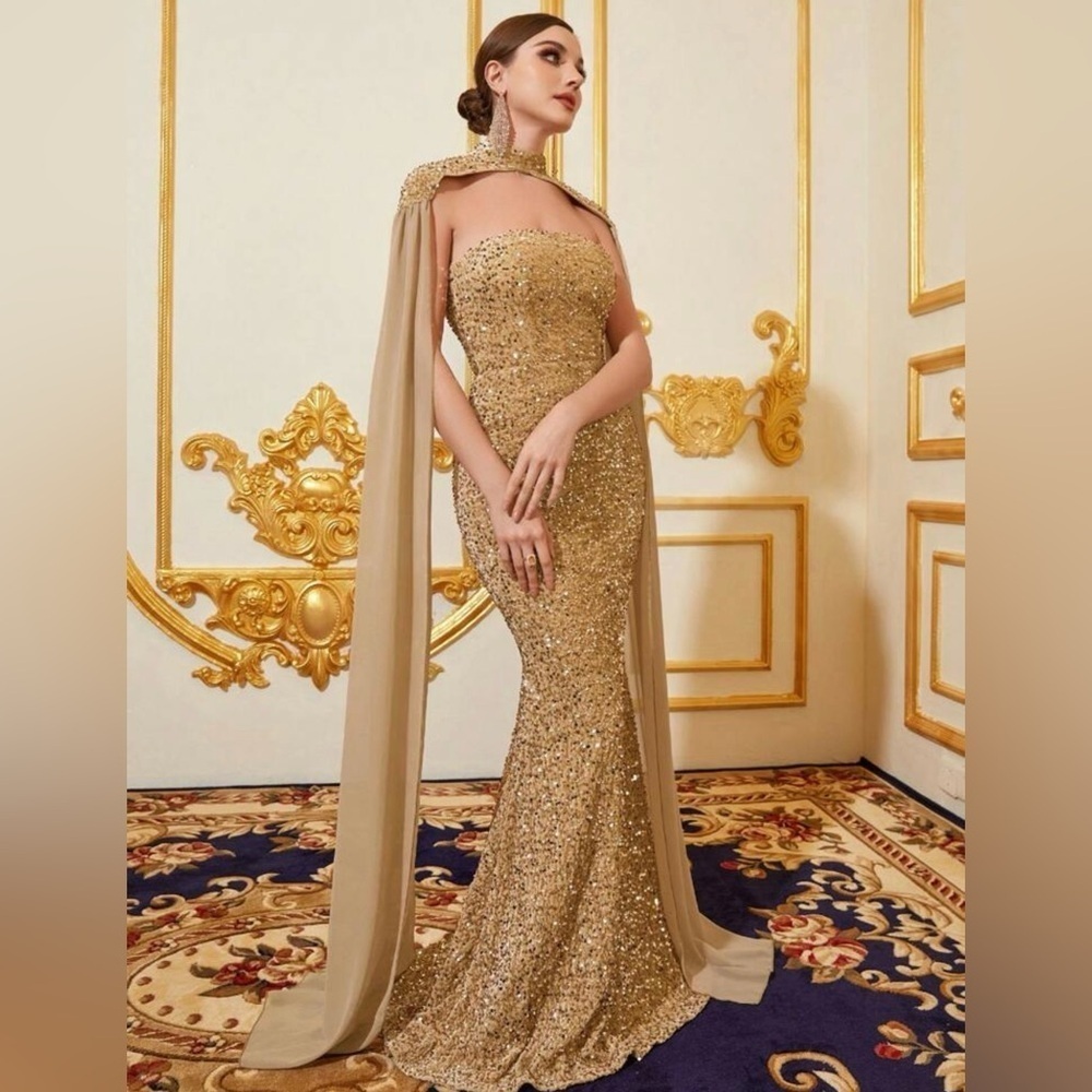 Elegant Long Champagne Draped Sequin Cape & Mermaid Dress Wedding Party Prom